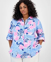 Charter Club Plus Size Printed Floral Linen Shirt, Exclusively at Macy's