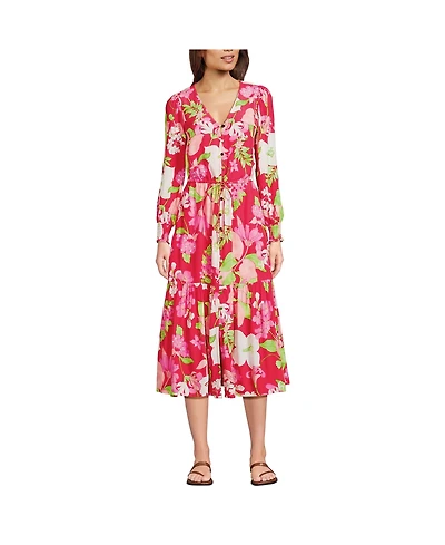 Lands' End Women's Crepe Button Front Long Sleeve Midi Dress