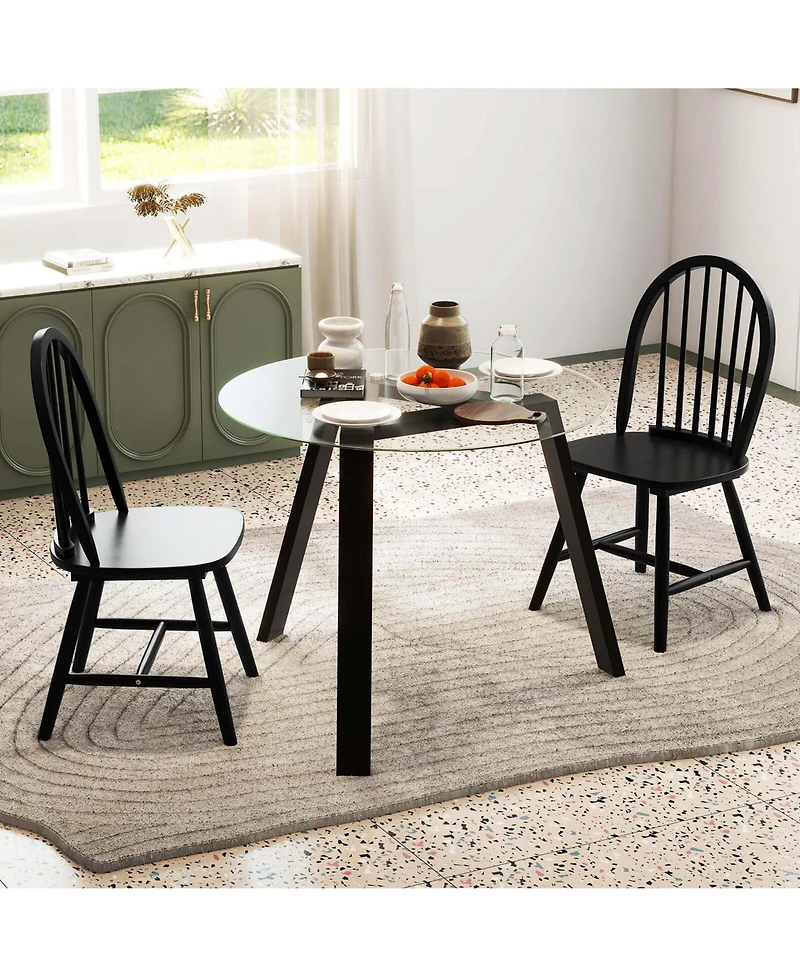 3 Pcs Dining Set for 2 Round Table with Chairs Solid Rubber Wood Frame Modern