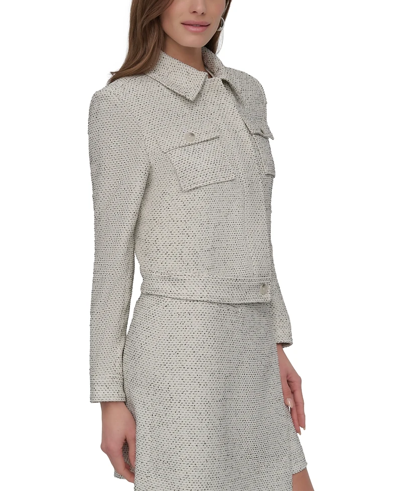 Dkny Petite Cropped Long-Sleeve Tweed Trucker Jacket