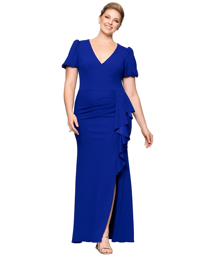 Xscape Plus Size Puff-Sleeve Ruffled Gown