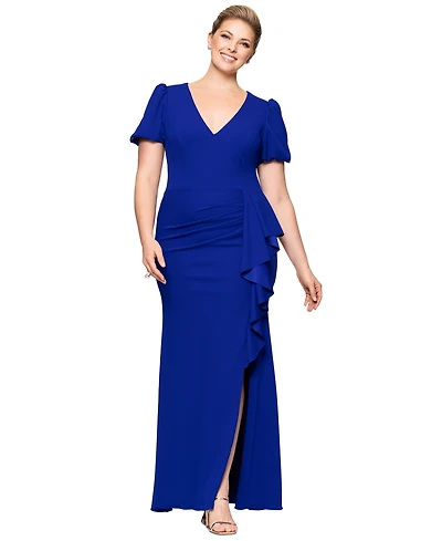 Xscape Plus Size Puff-Sleeve Ruffled Gown