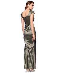 Xscape Women's Asymmetric Pleated Cap-Sleeve Gown