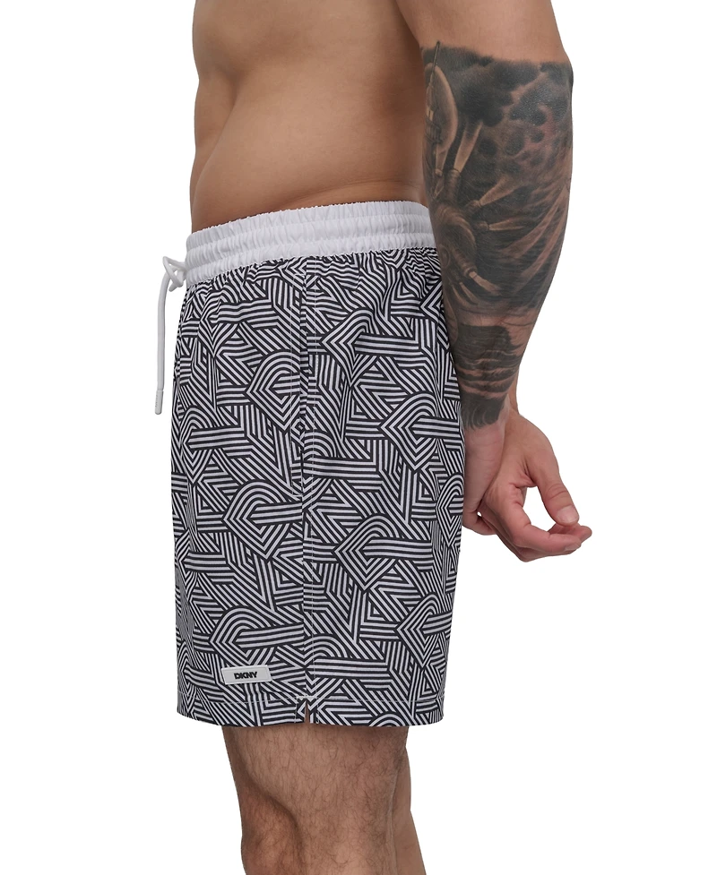Dkny Men's Euro Black & White Bandana Print Performance 5" Volley Shorts