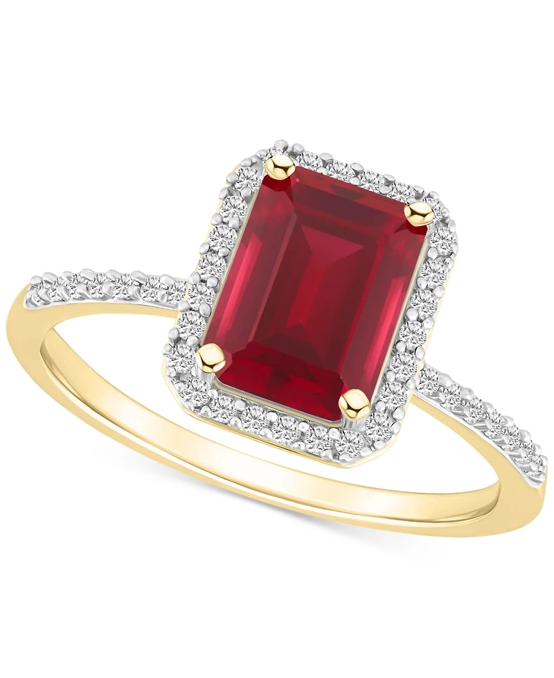 Lab-Created Ruby (2 ct. t.w.) & White Sapphire (1/4 Emerald-Cut Halo Ring 10k Gold (Also Additional Gemstones)