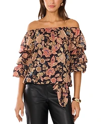 Vince Camuto Women's Floral Off-The-Shoulder Bubble 3/4-Sleeve Tie-Front Blouse