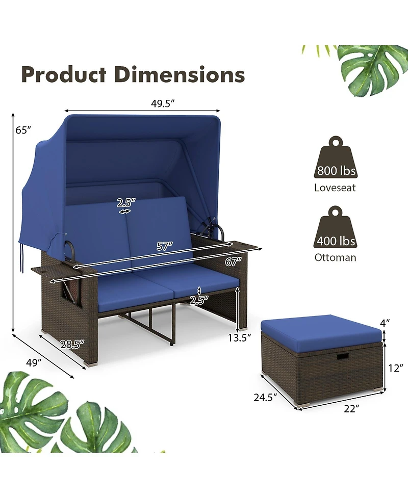 Outdoor Patio Rattan Daybed with Retractable Canopy and Adjustable Backrests