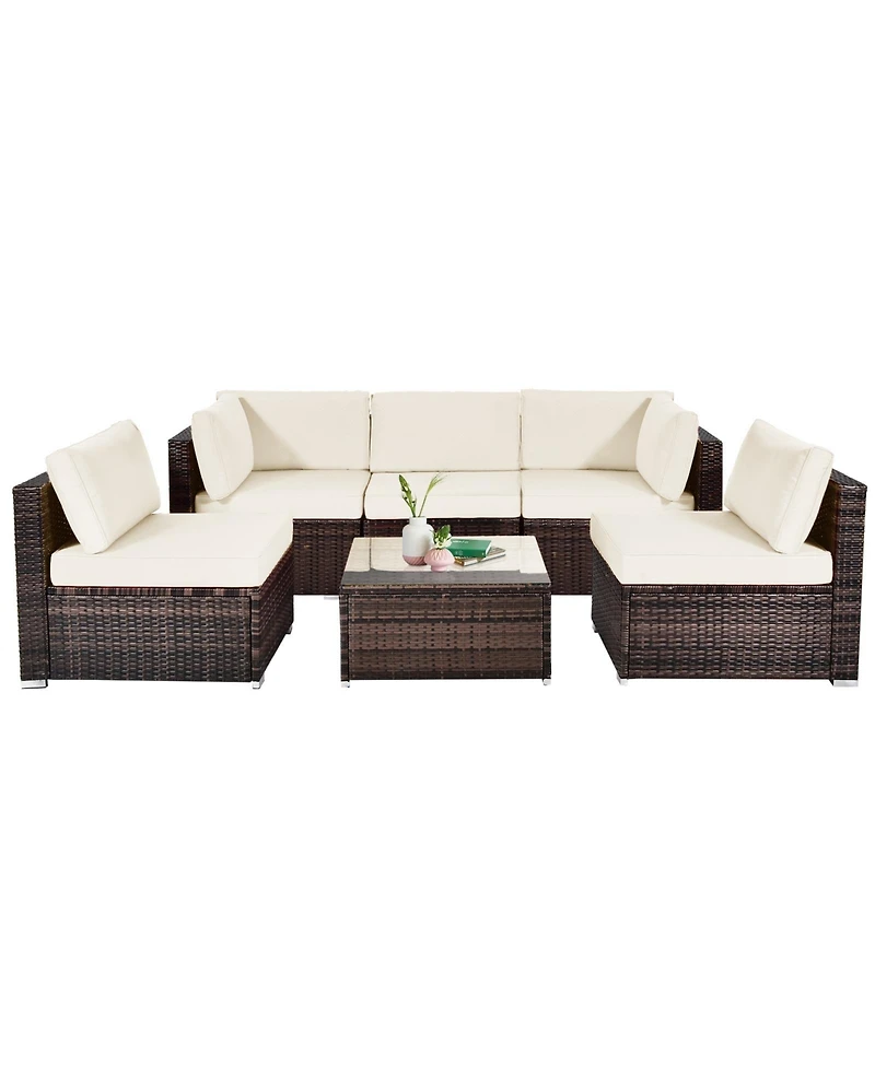 6 Pieces Patio Rattan Furniture Set with Cushions and Glass Coffee Table