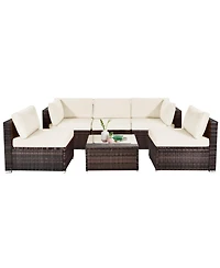 6 Pieces Patio Rattan Furniture Set with Cushions and Glass Coffee Table