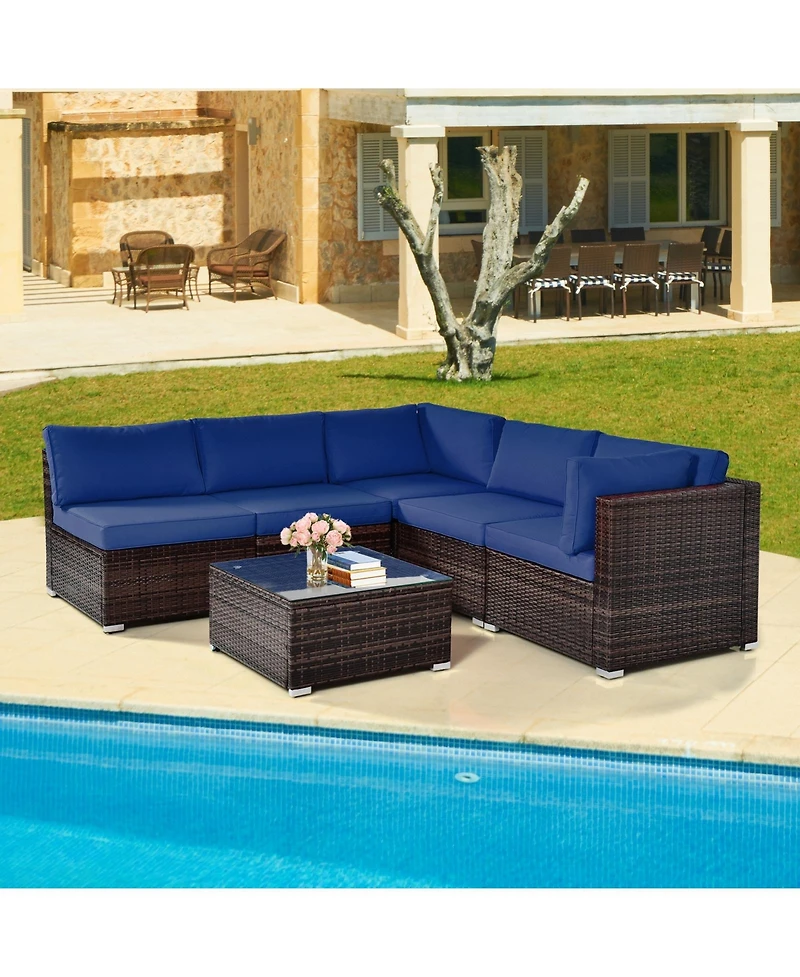 6 Pieces Patio Rattan Furniture Set with Cushions and Glass Coffee Table
