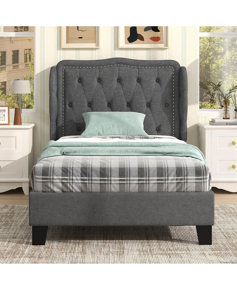 Twin Size Bed Frame with Button Tufted Wingback Headboard Wooden Slats Support