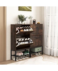 Modern Industrial Shoe Cabinet with Dual Flip Drawers and Bottom Display Shelf