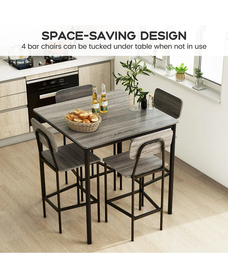 5 Pieces Dining Table Set with Counter Height Table and 4 Bar Stools