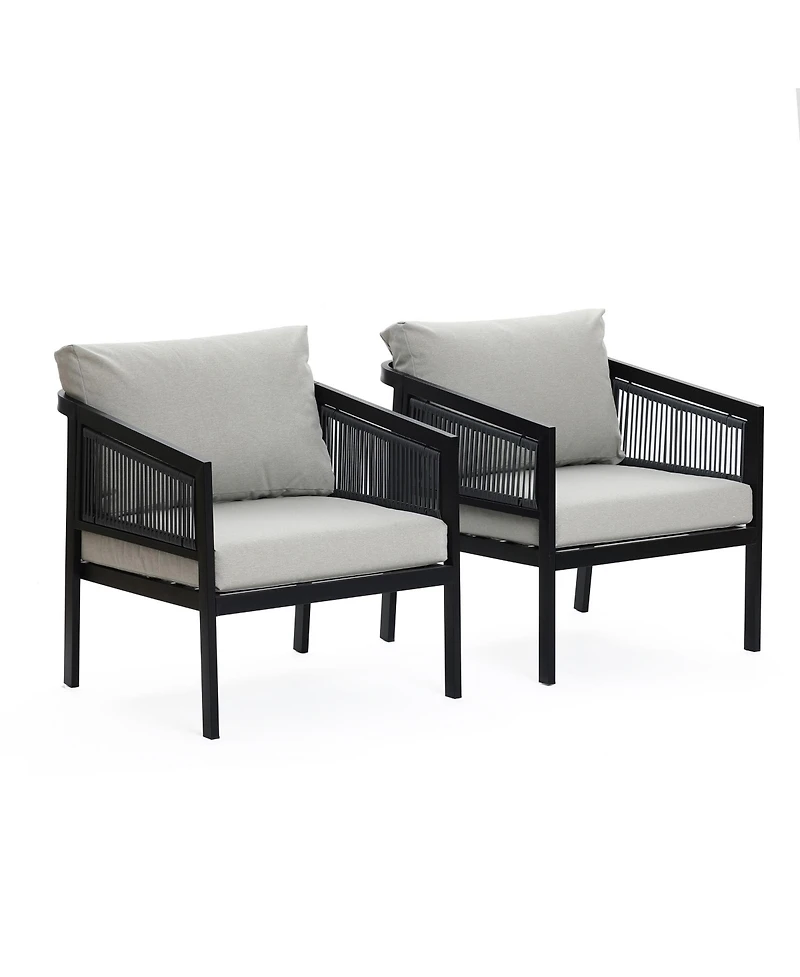 LuxenHome Outdoor Black Steel with Pe Rope Armchairs with Cushions, Set of 2