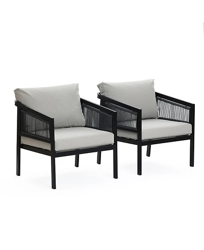 LuxenHome Outdoor Black Steel with Pe Rope Armchairs with Cushions, Set of 2
