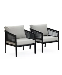 LuxenHome Outdoor Black Steel with Pe Rope Armchairs with Cushions, Set of 2