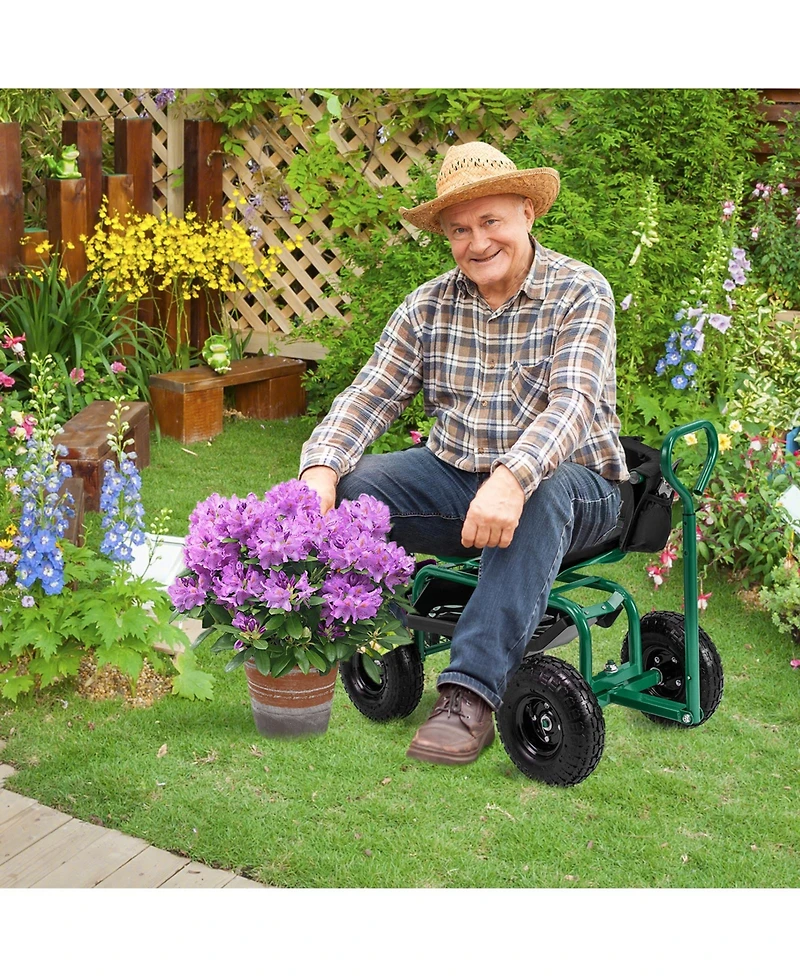 Cushioned Rolling Garden Cart Scooter with Storage Basket and Tool Pouch Comfortable Convenient Outdoor Helper