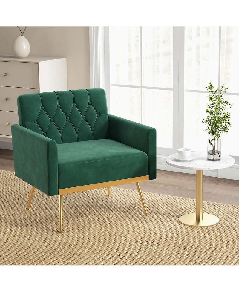 Modern Velvet Accent Chair with Button Tufted Back Golden Metal Legs & Foot Pads