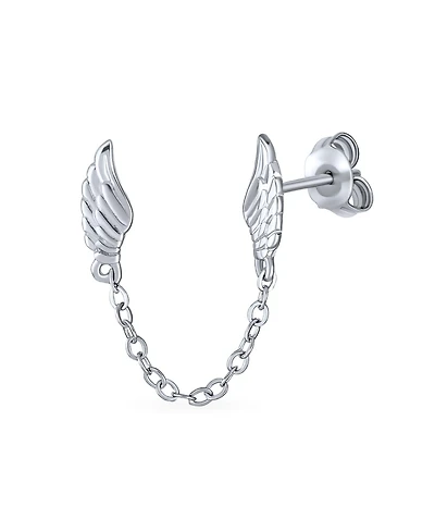 Bling Jewelry Delicate Angel Wing Feather Stud Earrings with Chain, Sterling Silver, Double Piercing