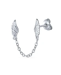 Bling Jewelry Delicate Angel Wing Feather Stud Earrings with Chain, Sterling Silver, Double Piercing