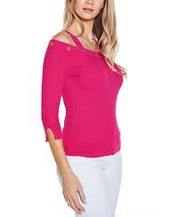 Belldini Women's Rhinestone Grommet Cold-Shoulder Sweater