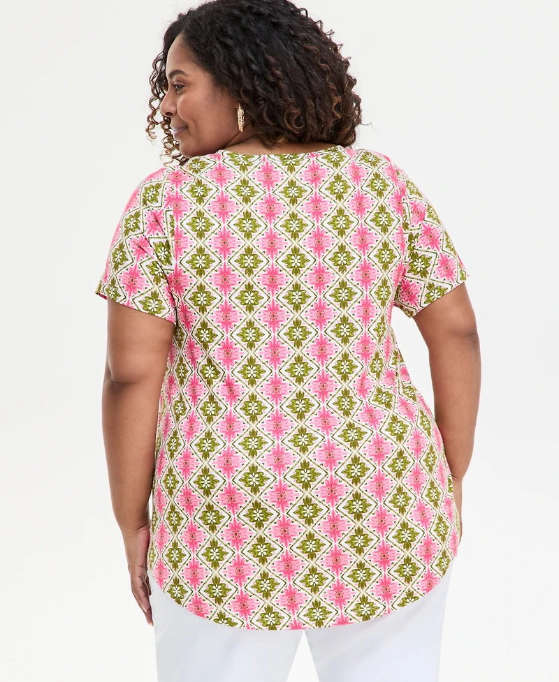 Jm Collection Plus Printed Scoop-Neck Top