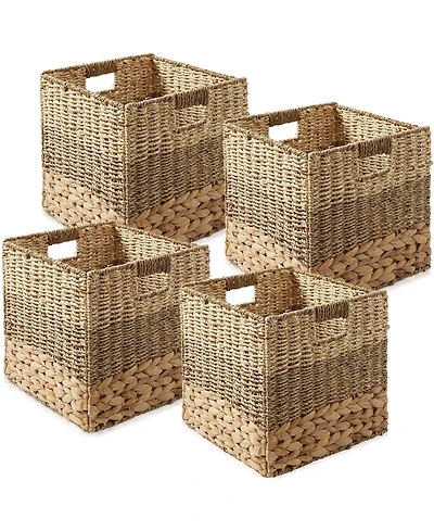 Casafield 13" x 13" Mixed Weave Storage Baskets, Natural - Set of Collapsible Cubes, Woven Bin Organizers for Bathroom, Bedroom