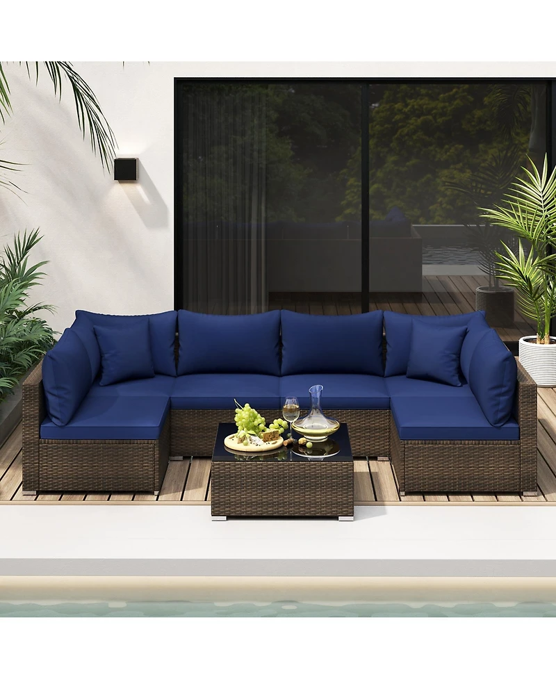 7 Pieces Patio Rattan Furniture Set with Sectional Sofa Cushions