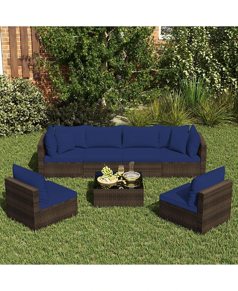 7 Pieces Patio Rattan Furniture Set with Sectional Sofa Cushions