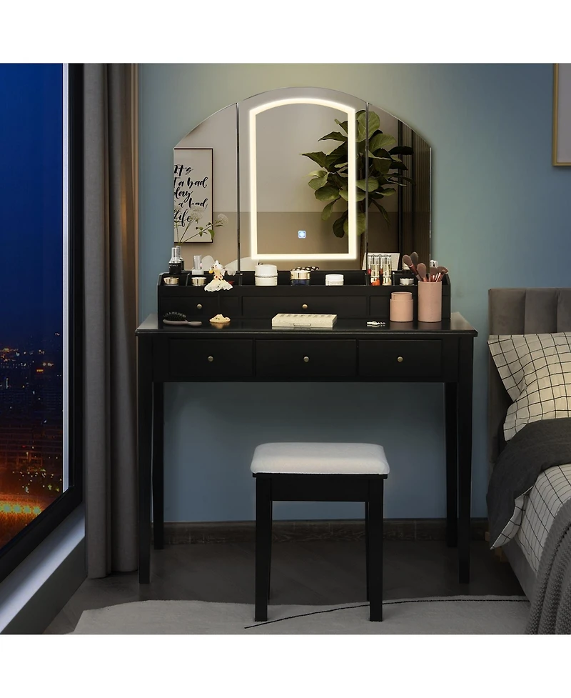 Vanity Table Stool Set with Large Tri-folding Lighted Mirror