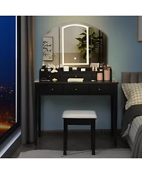 Vanity Table Stool Set with Large Tri-folding Lighted Mirror