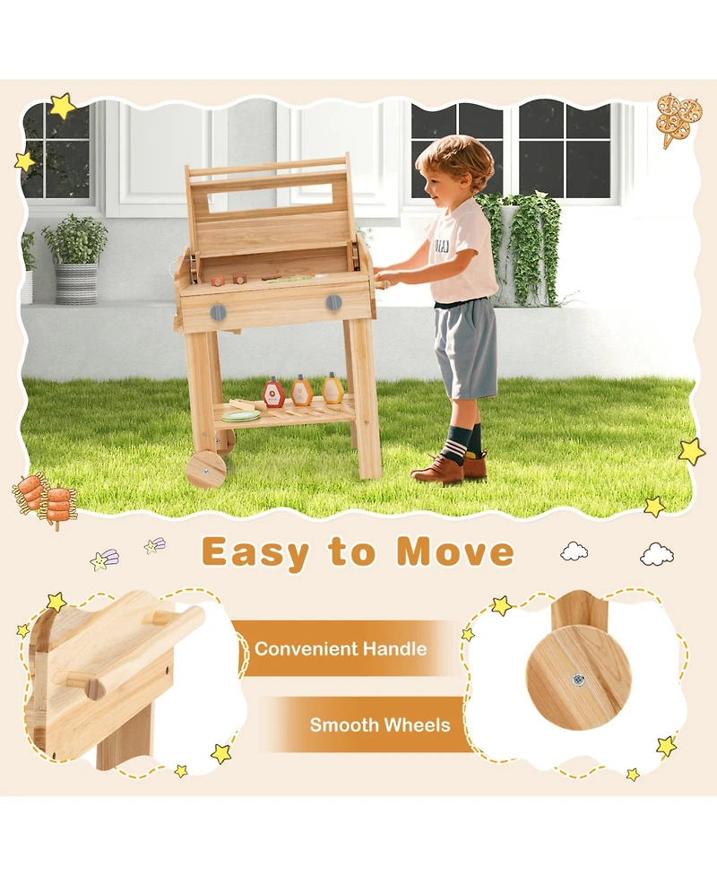 Kids Wooden Barbecue Grill Playset Pretend Kitchen with Food and Wheels