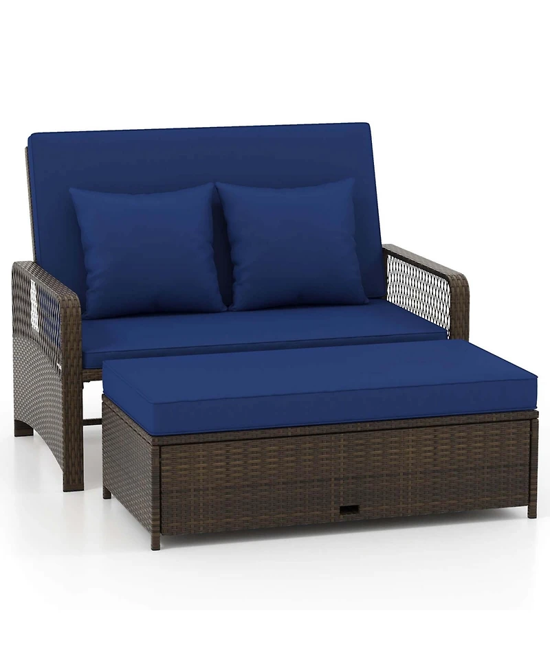 Patio Rattan Daybed Wicker Loveseat Sofa with Multifunctional Ottoman