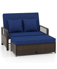 Patio Rattan Daybed Wicker Loveseat Sofa with Multifunctional Ottoman