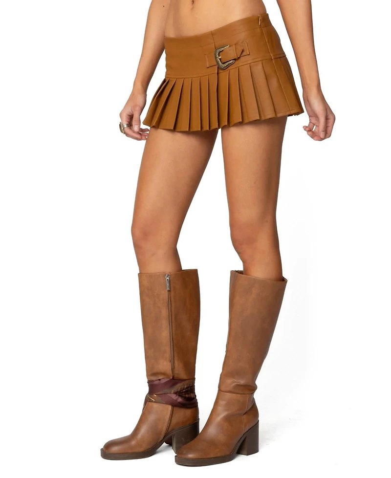 Edikted Womens Pleated Faux Leather Mini Skort