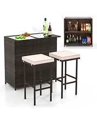 3 Pcs Patio Bar Set with Tempered Glass Tabletop