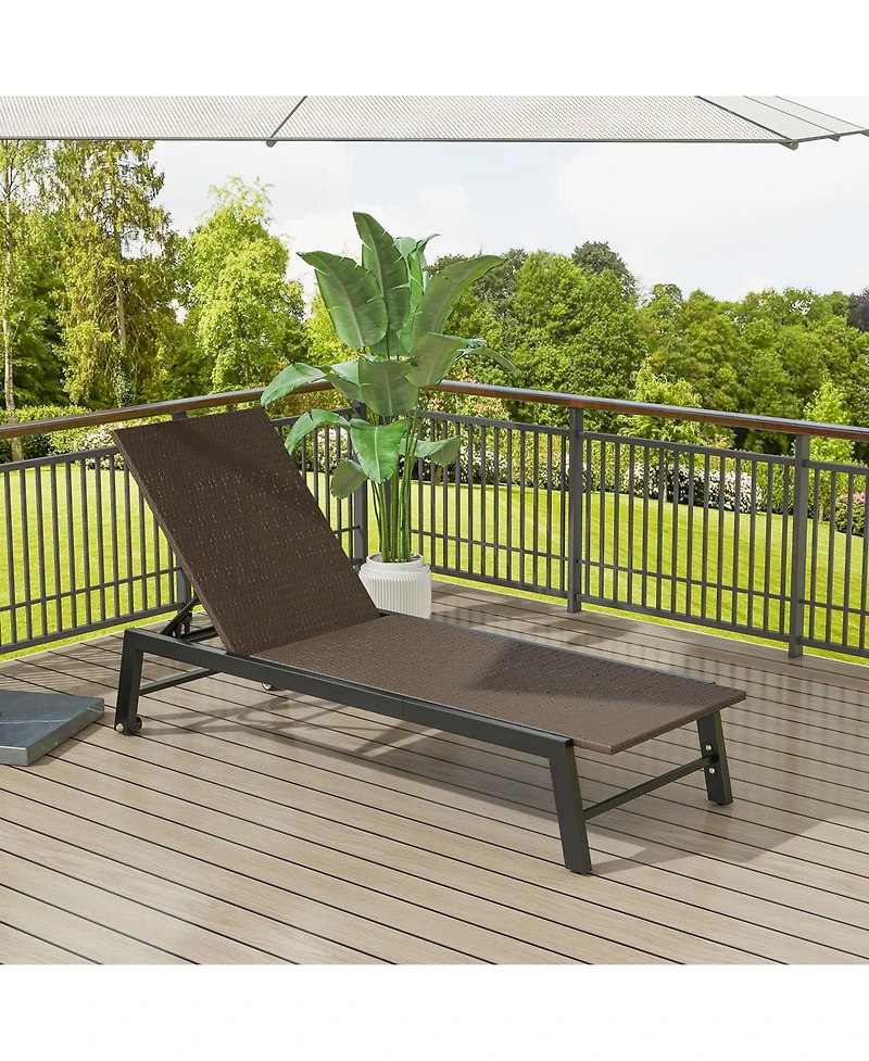 Pe Wicker Patio Chaise Lounge Chair with Wheels for Poolside Backyard and Deck