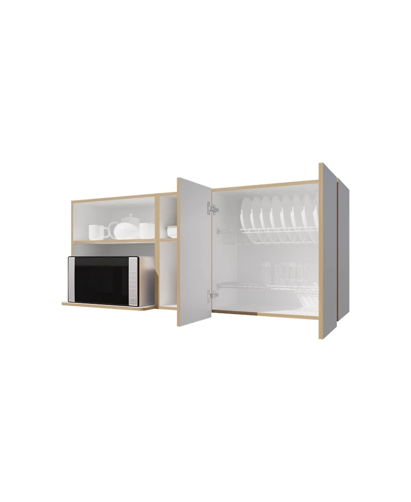 Fm Furniture Wall-Mounted Kitchen Cabinet with Microwave Space, Open Shelves, and Double Doors – Natural Oak and White