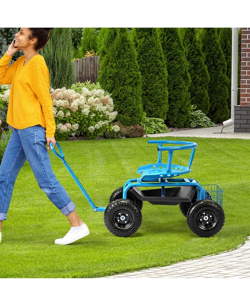 Costway Rolling Garden Cart Height Adjustable Scooter with Swivel Seat & Tool Storage