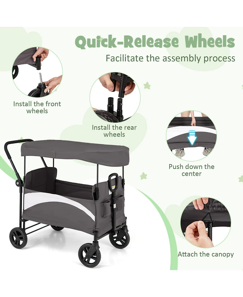 2-Seat Stroller Wagon with Adjustable Canopy and Handles Comfortable and Convenient for Toddlers