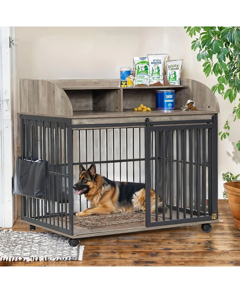 44'' Heavy Duty Large Dog Crate Furniture for Large Medium Dog with Lockable Wheels Grey