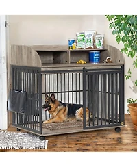 44'' Heavy Duty Large Dog Crate Furniture for Large Medium Dog with Lockable Wheels Grey