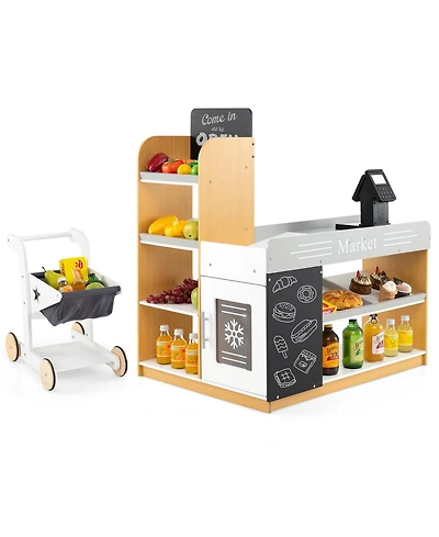 Pretend Play Grocery Store Set with Shopping Cart & 2 Chalkboards Fun Toy for Kids