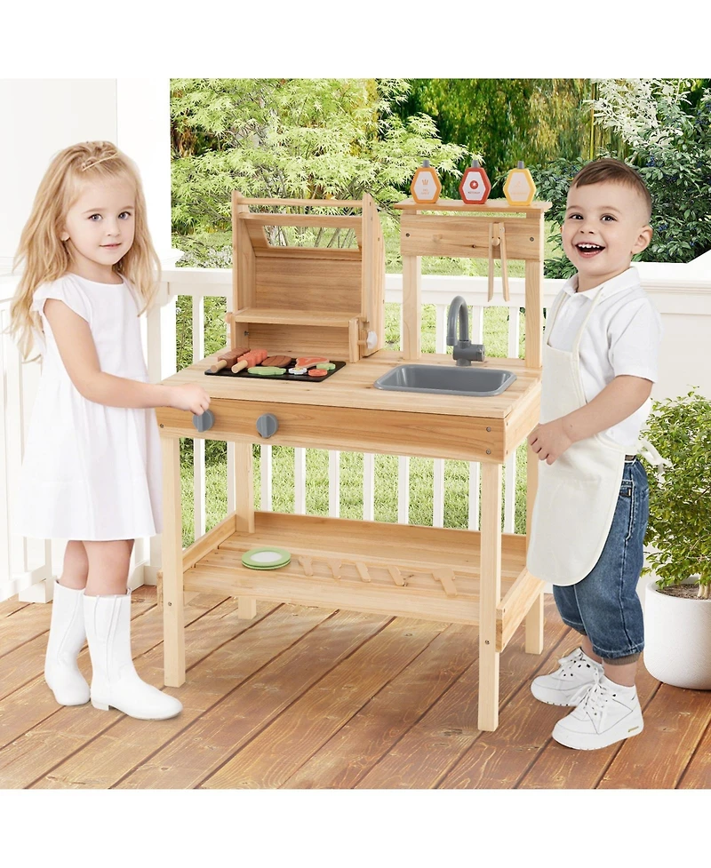 Wooden Barbecue Grill Playset with Play Food and Open Shelves