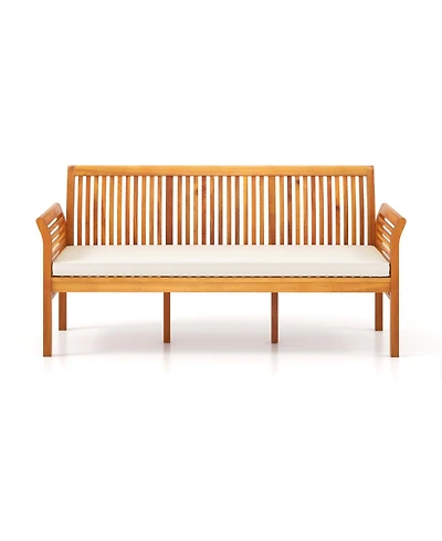 Patio 3-Seat Wood Bench with Soft Seat Cushions