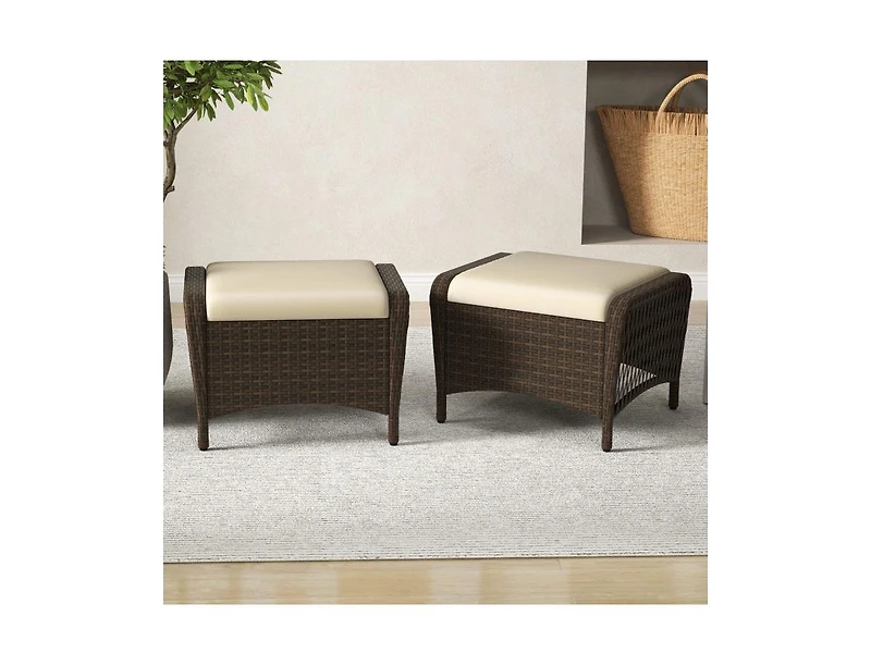 Set of 2 Outdoor Patio Pe Wicker Ottomans with Removable Cushions