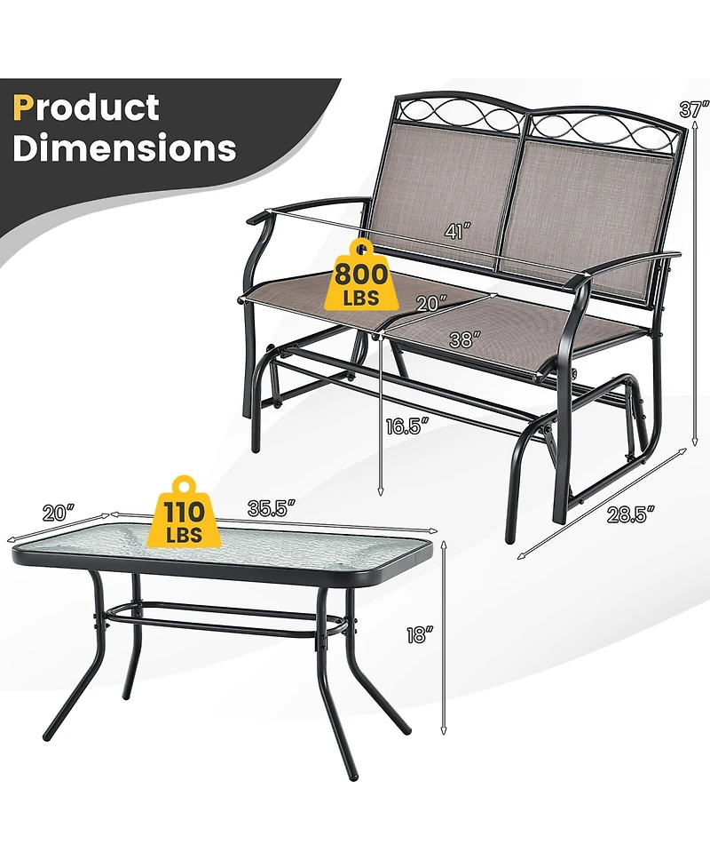 Gymax 2 Pcs Patio Glider Conversation Set Outdoor Loveseat Glider Chair w/ Tempered Glass Coffee Table