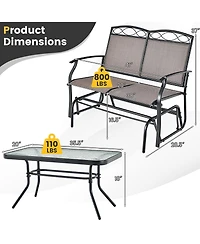 Gymax 2 Pcs Patio Glider Conversation Set Outdoor Loveseat Glider Chair w/ Tempered Glass Coffee Table