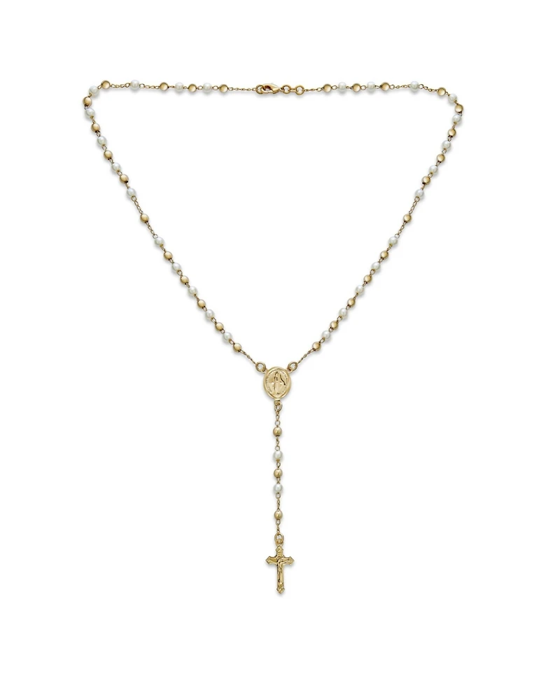 Bling Jewelry Dainty White Pearl Virgin Mary Rosary Necklace with Crucifix Gold Plated