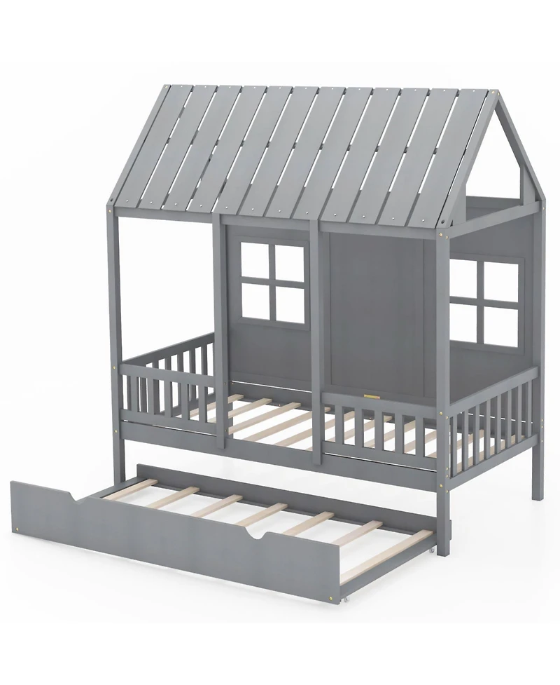 House Bed Frame with Trundle and Tall Roof Design for Kids Bedroom or Guest Room
